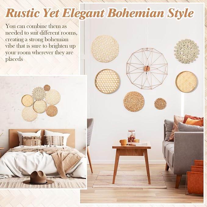 Hushee 7 Pcs Boho Wall Basket Decor, Seagrass Woven Round Bohemian Hanging Basket for Wall Handmade Hanging Rustic Flat Art Decor for Farmhouse Bedroom Living Room Display Table Settings Kitchen Home