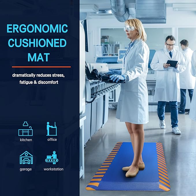FEATOL Anti Fatigue Mat Industrial, Ergonomic Standing Floor Mat for Work for Stand, Safety Support for Leg & Back Pain(Blue with Yellow Border, 17" x 24", 2PC)