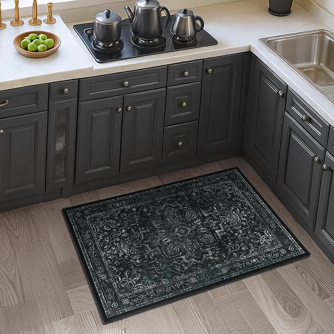 Distressed Black Kitchen 2x3 Rugs Non Slip Washable, Vintage Medallion Pinted Dark Door Mat Indoor Entrance Entryway, Small Low Pile Rugs for Bathroom Vanity/Laundry Room/Bedroom