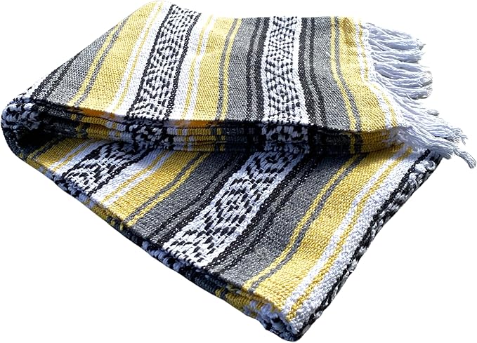 Del Mex Classic Mexican Blanket, Large Authentic Woven Falsa Throw (70"x50"), Artisan Southwest Décor for Beach, Yoga, Outdoors (Yellow)
