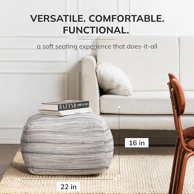 Anji Mountain Pouf Ottoman Foot Rest, Handmade Ottoman Pouf, Comfortable Foot Stool, Decorative Floor Seating for Living Room Decor, Bedroom & Home Décor Accent - Shadowed Stripe