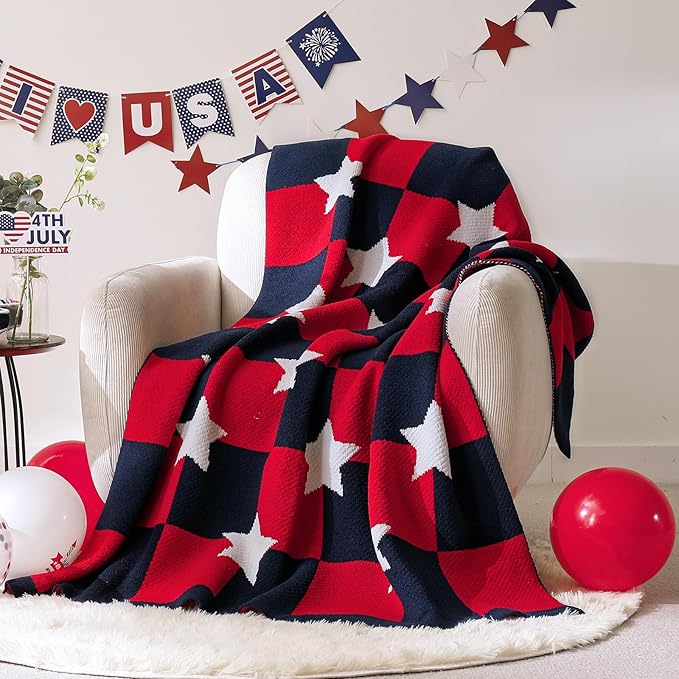 Amélie Home Patriotic Ultra Soft Knit Chenille Throw Blanket - Red White Blue Stars American Flag Pattern Cozy Blankets for Couch, 4th of July Memorial Independence Day Gifts, 50"x60", Red&Blue