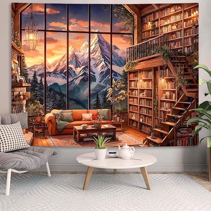 Accnicc Forest Mountain Library Tapestry Fantasy Bookshelf Tapestries Wall Hanging Vintage Watercolor Nature Fairy Library Backdrop Large Tapestry for Bedroom Living Room Dorm Classroom 80 x 60 inch