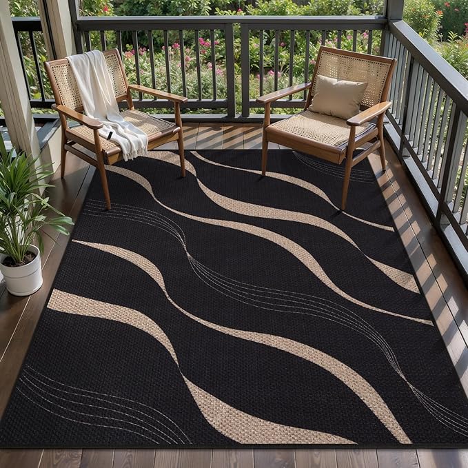 Tangsoo Easy Jute Outdoor Rug,Washable Thin 4x6 Area Rug for Patio,Non Slip Black Wavy Lines Indoor Carpet Farmhouse Modern Throw Mat for Front Porch Balcony Living Room Diningroom