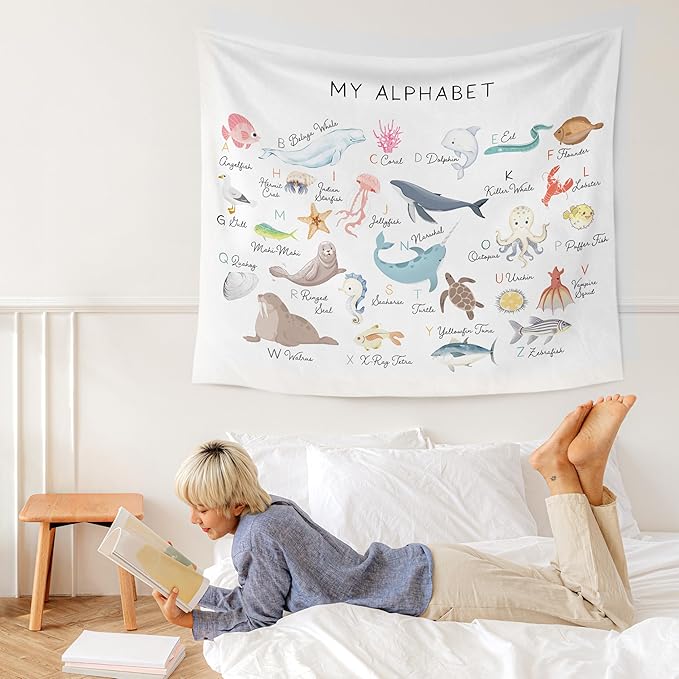 WARDOS Ocean Nursery Alphabet Tapestry, Sea Animals Kids Tapestry Wall Hanging, ABC Alphabet Educational Wall Blanket Decor for Classroom Toddler Kids Nursery Bedroom Playroom, 50x60 Inch