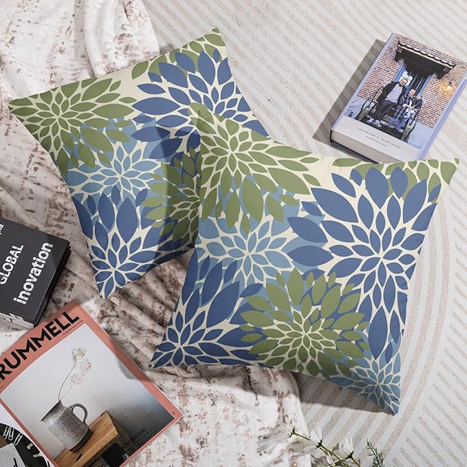Blue Green Pillow Covers 24X24 Inch Set of 2, Spring Summer Floral Dahlia Flower Cream Decorative Throw Pillow Covers Outdoor Modern Farmhouse Cushion Case for Home Couch Sofa Bed Decor