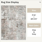 Area Rugs 4x6 for Living Room, Vintage Washable Rugs for Dining Room, Kitchen, Non-Slip Area Rug Pink Grey