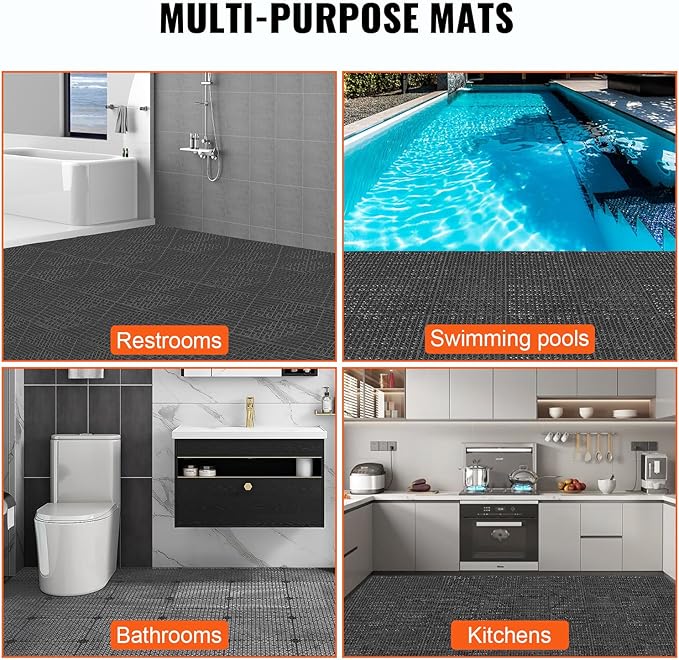VEVOR Modular Interlocking Cushion, 12 Pack 12" x 12" Splicing Drainage Mats, Soft PVC Interlocking Drainage Floor Tiles, Non-Slip Drainage Holes for Restroom, Bathroom, Kitchen, Pool, Wet Areas, Blac