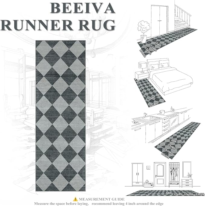 Beeiva Checkered Print Hallway Rug 2x6, Ultra Thin Kitchen Rug Runner Non Slip Washable Carpet Runners for Hallway 6ft, Modern Diamond Stain Resistant Floor Carpet for Bathroom Bedroom Entryway