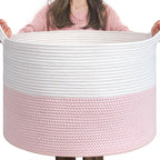 INDRESSME XXXLarge Storage Basket with Handle, Pink Laundry Basket for Nursery Stuffed Animal Storage, Baby Baskets Kids Toy Organizer, 21.7" x 21.7" x 13.8", Pink