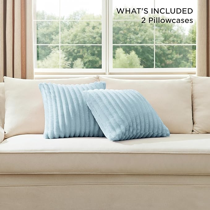 Bedsure Double-Side Striped Throw Pillow Covers 18x18 Set of 2, Spring Fluffy Light Blue Soft Decorative Pillow Covers, Home Decor for Couch Sofa Living Room Bedroom