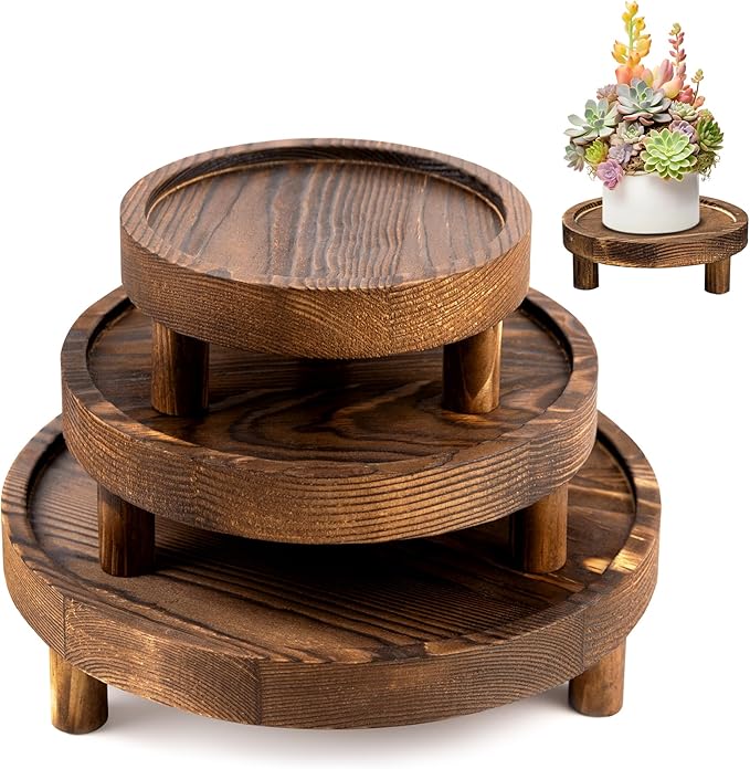 3PCS Wooden Display Stand， Rustic Whitewashed Wood Risers for Home Decor - Decorative Stackable Shelf for Plants, Candles, Books - Farmhouse Pedestal Stand (6” 8” 10”) (burning color)