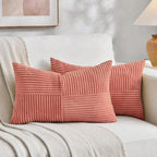 Fancy Homi 2 Packs Coral Lumbar Decorative Throw Pillow Covers 20x28 Inch for Living Room Couch, Rustic Farmhouse Boho Home Decor, Soft Striped Corduroy Rectangle Accent Peach Cushion Case 50x70 cm