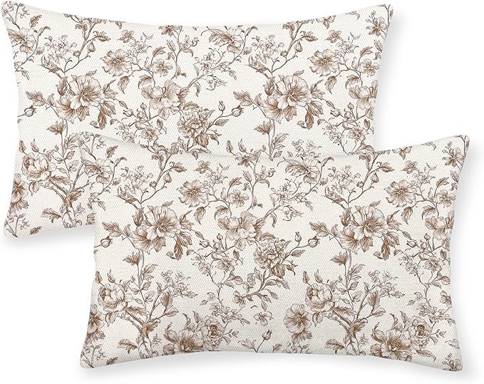 Brown Pillow Covers 12x20 Inch Set of 2 Chinoiserie Floral Throw Pillows Vintage Rustic Toile Flower Decorative Pillow Cases Outdoor Chinoiserie Decor Lumbar Cushion Case for Couch Sofa Bed