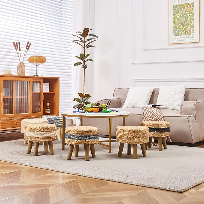 Cpintltr Round Ottoman Natural Seagrass Footstool Hand Weave Water Hyacinth Poufs Eco Friendly Sofa Foot Stool Soft Step Stool Padded Foot Rest with Pine Legs for Living Room (Natural White)