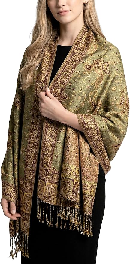 Achillea Reversible Paisley Pashmina Rave Scarf – Exotic Indian Shawls and Wraps for Evening Dresses, Festivals, All Seasons