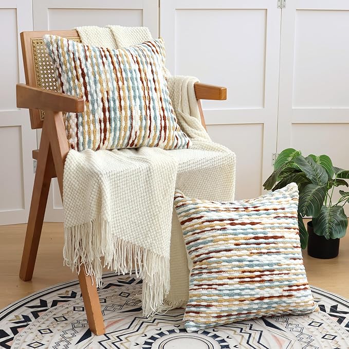 Boho Decorative Throw Pillow Covers 18x18 Inch, Chenille Tufted Pillow Cover Stripe Textured Square Farmhouse Accent Pillowcase for Couch Sofa Bedroom Living Room, Red White Khaki Grey 2 Pack