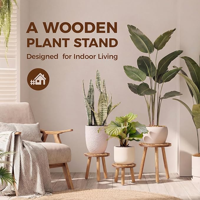 Bamworld Plant Stands Indoor 3 Pack Single Plant Stand for Multiple Plants Corner Plant Stool Wooden Plant Stands for Patio Garden Balcony Living Room Bedroom(Nature)