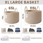 115L Extra Large Blanket Basket for Living Room - Woven Cotton Rope Laundry Hamper with Reinforced Handles - Storage Bin for Pillows, Comforters & Toys - Machine Washable,Oatmeal