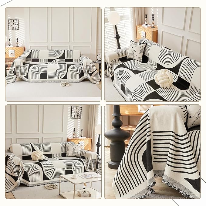 Boho Couch Cover Sofa Covers Washable, Chenille Couch Covers for 3 Cushion Couch Sofa Pet Friendly, Bohemian Sofa Slipcovers for Sectional Sofa, Loveseat, 2 3 4 Seater (71" x 134", Black)