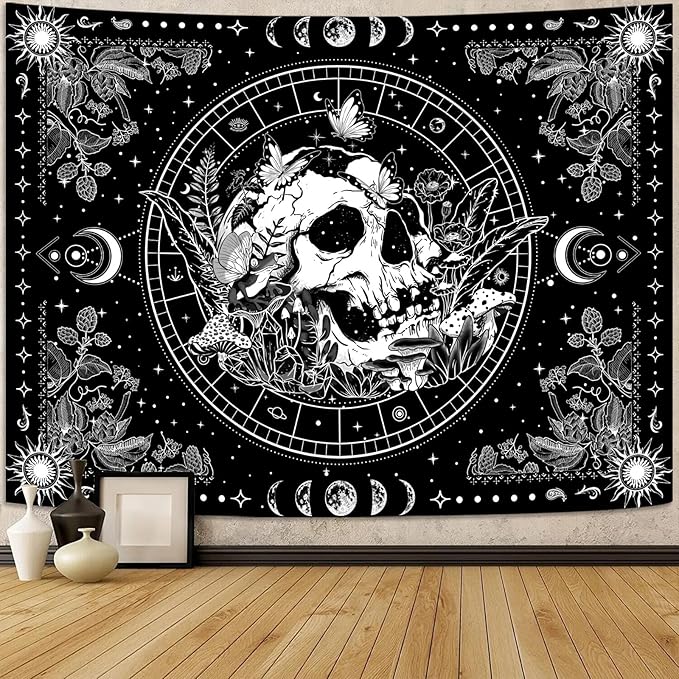 Aipon Black and White Skeleton Tapestry Bedroom Skull Mushroom Tapestries Hippie Nature Plants Floral Flower Aesthetic Tapestry Wall Hanging for Living Room Dorm (Black, 80'' × 60'')