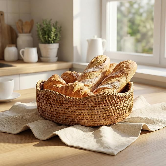 YANGQIHOME Rattan Bread Basket, Round Fruit Baskets, Wicker Storage Bowls, Natural Woven Serving Basket Bowls, Decorative Baskets for Kitchen Counter Organizing, Set of 3