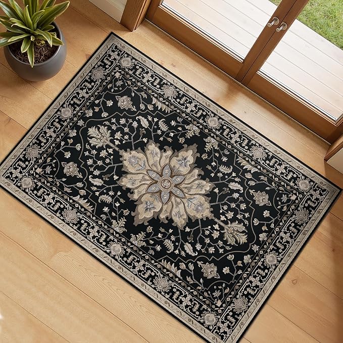 Area Rugs 2'x3' Kitchen Rugs Entry Rug Small Rugs for Entryway Kitchen Bathroom Door Mat Indoor Entrance,Washable Non Slip, Black Brown Neutral Dark Tan