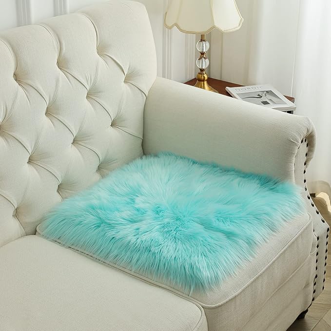 Softlife Blue Faux Fur Sheepskin Chair Cover Seat Cushion Pad Super Soft Area Rugs for Living Bedroom Sofa Dorm (1.6ft x 1.6ft, Light Blue)