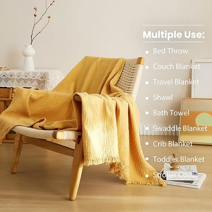 Simple&Opulence Cotton Muslin Throw Blanket 4 Layers for Bed, Couch, Woven Gauze Blanket with Tassels, Soft Lightweight Cozy Pre-Washed Breathable Farmhouse Decoration for All-Season(Yellow)