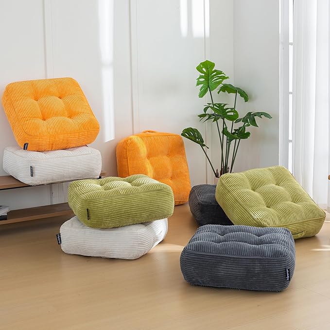 HIGOGOGO 8" Extra Thick Floor Pillow Cushion for Adults, Meditation Cushion Pillow, Large Square Floor Sitting, Tufted Corduroy Cover, for Tatami Living Room or Yoga, 22x22 Inch, 2Pack, Dark Grey