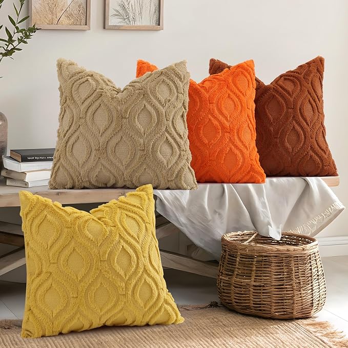 decorUhome Cozy Textured Throw Pillow Covers 18x18 Inch Set of 2, Soft Plush Faux Wool Rust Accent Couch Pillow Covers for Modern Farmhouse Sofa Bed Living Room