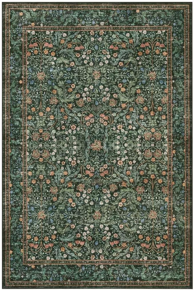 6x9 Area Rugs for Living Room Bedroom, Large Washable Rug, Green Vintage Floral Boho Rug, Non Slip & Low Pile Faux Wool Thin Carpet for Indoor Dining Room and Kids Room(Green 6x9ft)