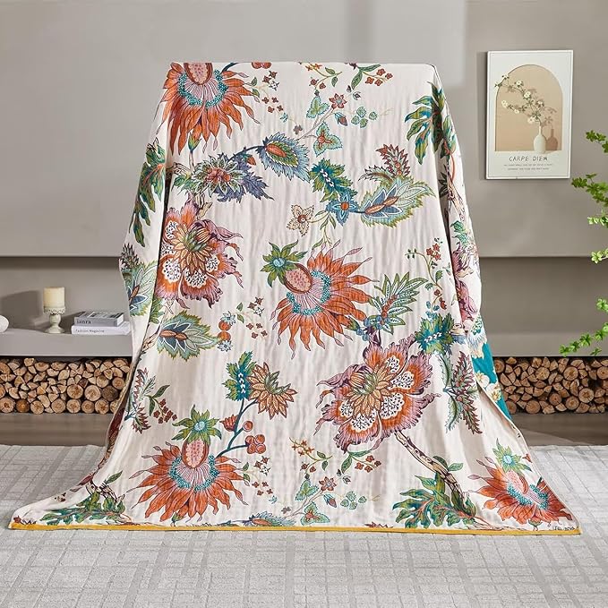 Boho Blanket for Bed 100% Cotton Bohemian Throw Blankets Ultra Soft Woven Muslin Decorative Blankets All Seasons Vintage Quilt Knitted Blanket for Sofa Chair Beige 50"x60"