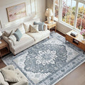 Area Rugs 6'x9' Washable Non-Slip, Floral Vintage Distress Print Pattern Medallion Carpet for Living Room Bedroom Dining Room, Light Gray Grey White