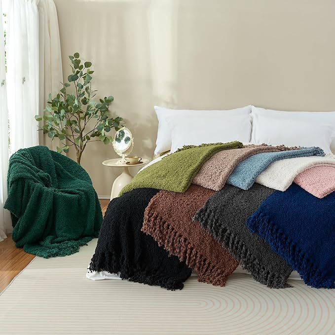 Throw Blanket for Couch, Navy Blue Luxury Knitted Throws 50"x60", Textured Blankets with Handmade Fringe Tassels for Bed Sofa Decorative, Chunky Soft Farmhouse Boho Home Decor