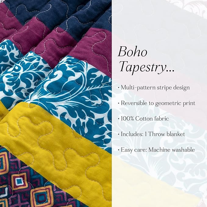 Lush Decor Boho Stripe Reversible Cotton Throw Blanket, 50" W x 60" L, Plum & Yellow - Striped Throw Blankets for Bed - Couch Blanket - Boho Throw Blanket for Couch