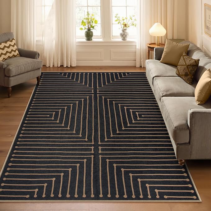Lahome Neutral Geometric Outdoor Rug, 5x7 Black Living Room Dining Room Rug Indoor Outdoor Carpet, Farmhouse Rhombus Non Slip Non Shedding Carpet for Patio Deck Office Classroom