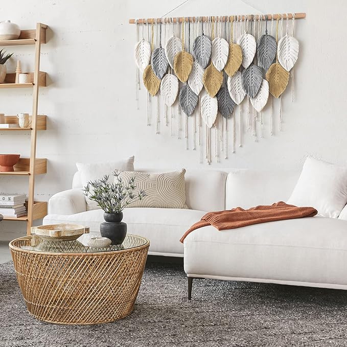 LOMOHOO Large Macrame Wall Hanging, Boho Home Decor, Bohemian Woven Tapestry Leaf Feather Wall Art Decoration for Living Room Bedroom Apartment Gallery Dorm Perfect Handmade Gift Ideas 39" W x 30.7" L