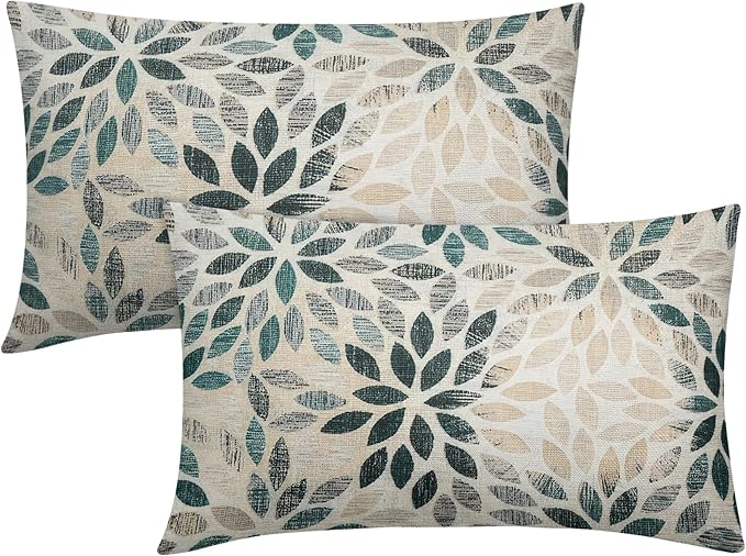 Kawani Teal Dahlia Lumbar Pillow Covers 12X20 Inch Turquoise Geometric Flower Decorative Pillow Cases Set of 2 Beige Tan Gray Floral Throw Pillows for Cushion Sofa Couch Farmhouse Outdoor