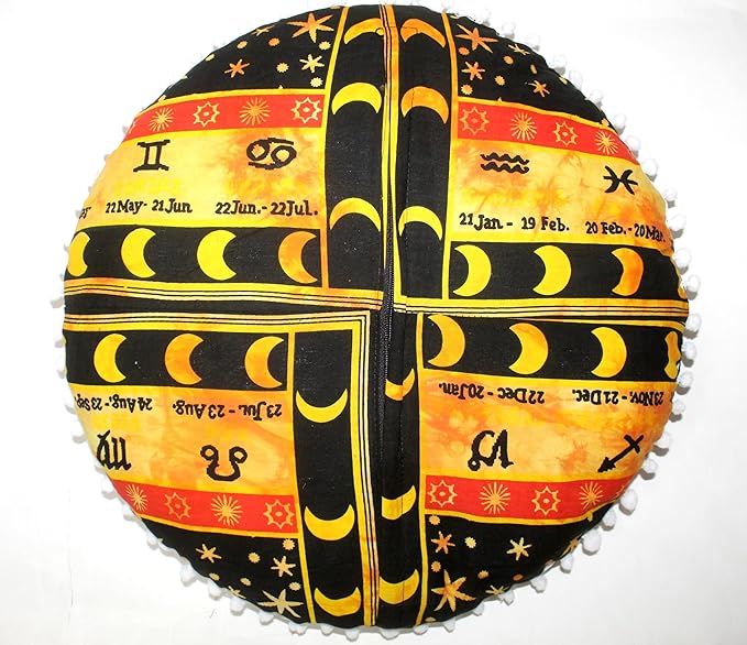 CRAFT KALA 32" Round Large Round Bohemian Floor Pillow Pouf Cover Mandala Meditation Room Pillow Cover for Adults Boho Seating Poufs Cushion Cover for Kids Playroom Yellow Zodiac