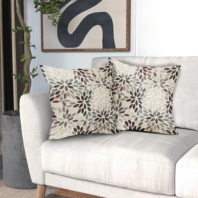 Burgundy Red Dahlia Throw Pillow Covers 18x18 Inch Rustic Rust Geometric Flower Decorative Square Pillow Cases Beige Tan Gray Floral Cushion Covers Farmhouse Home Decor For Sofa Couch Outdoor Set of 2