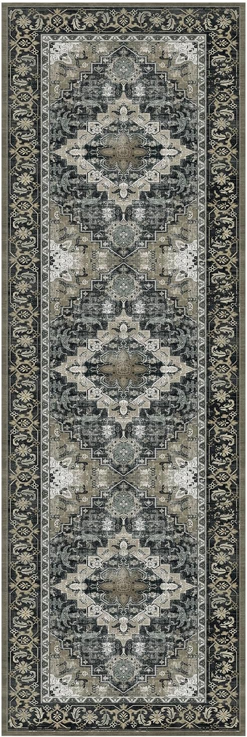 Lessymo Washable Runner Rug for Hallway, Black Brown 2.6 x 8 Entryway Rugs Boho Faux Wool Low Pile Long Rug for Bedroom, Floral Medallion Vintage Rugs with Non-Slip Rubber