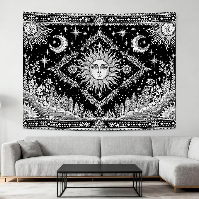 Accnicc Black and White Sun and Moon Tapestry Hippie Boho Celestial Wall Tapestry for Bedroom Aesthetic Vintage Plant Spiritual Small Tapestries Wall Hanging for Dorm Living Room Decor 48 x 36 Inch