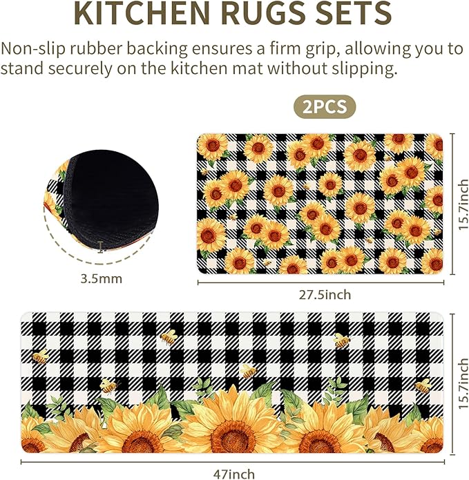 Sunflower Rugs for Kitchen Floor, Anti Fatigue Mats for Kitchen Floor Non Slip, 2PCS Rubber Kitchen Mat, Farmhouse Washable Cushioned Carpet Rug for Sink Laundry 5.7"×27.5" +15.7"×47" Black and White