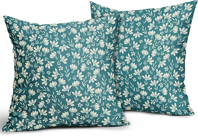 Teal Pillow Covers 24x24 Set of 2 Vintage Floral Rustic Old Style Cute Flower Print Decorative Outdoor Pillowcases Seasonal Farmhouse Throw Cushion Case Decor for Couch Sofa Bed