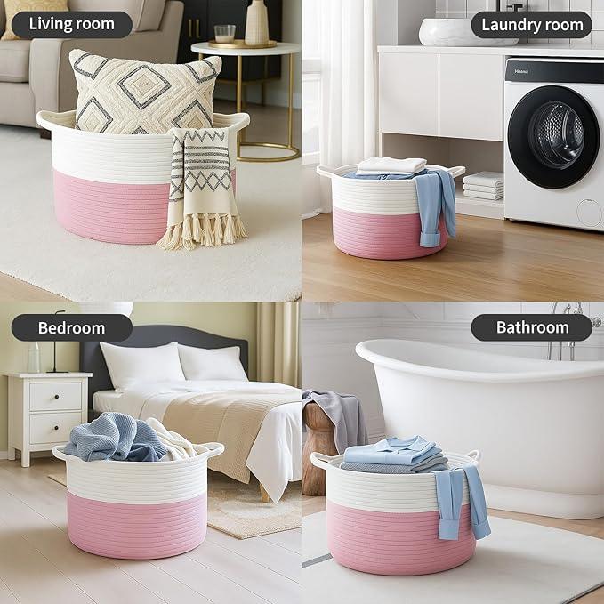 ShellKingdom Laundry Basket, Large Natural Rope Woven Storage Basket with Handles for Home, Living Room, Laundry, Storage Organizer for Blankets, Clothes, Toys, 13.78 x 21.65 INCH (2-Toned White Pink)