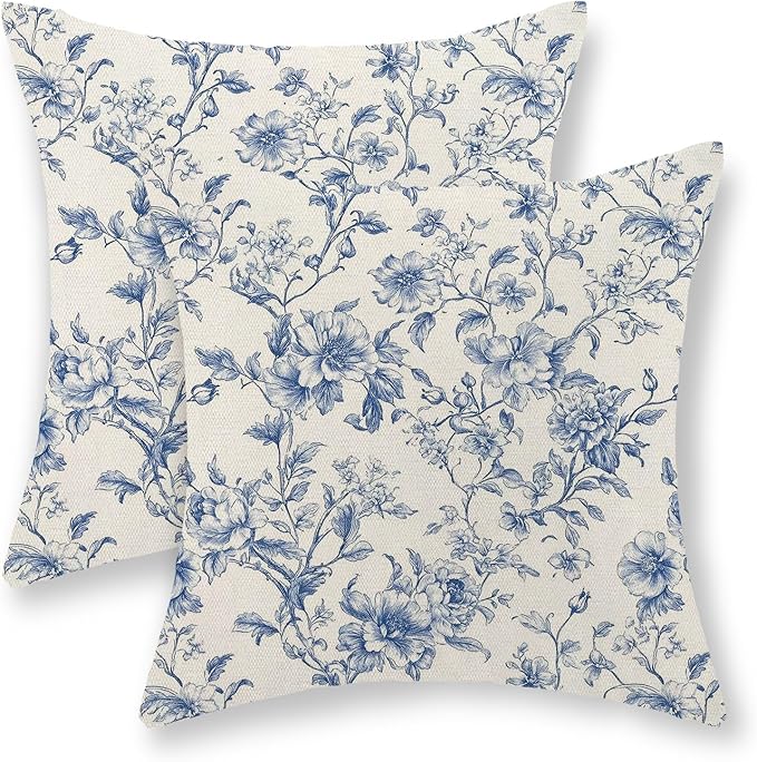 Blue Pillow Covers 20x20 Set of 2 Blue and Cream Floral Chinoiserie Throw Pillows Vintage Rustic Toile Flower Decorative Pillow Cases Outdoor Chinoiserie Decor Cushion Case for Couch Bed Sofa