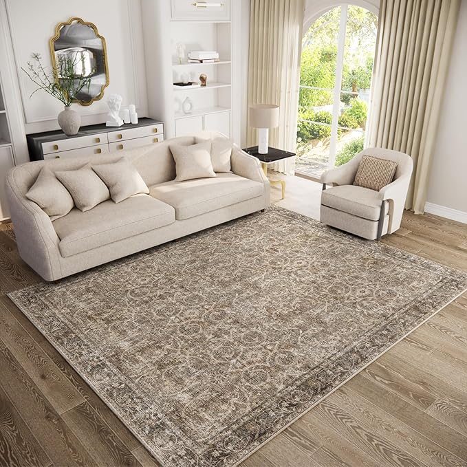 Washable Area Rugs 5'x7' Non-Slip Vintage Boho Distressed Fade Resistant Low Pile Carpet for High-Traffic Living Room, Bedroom & Dining Room
