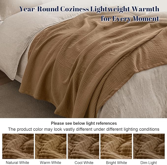 PHF 100% Cotton Muslin Blanket Twin XL Size 66"x90", 4-Layer Lightweight Gauze Throw, Breathable Cloud-Soft Minimalist Blanket for Bed, Couch, Camping & Baby, Clay, Ideal Gift
