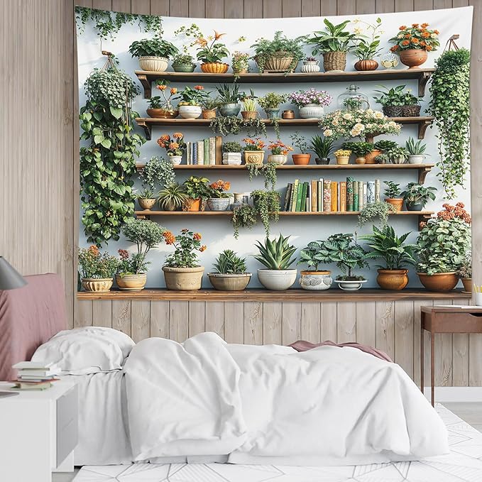 EOBTAIN Green Plant Tapestry Cactus and Floral Potting on Bookshelf Tapestries Hanging Botanical and Reading Tapestry Wall Hanging Decor for Bedroom Living Room 60x40 Inch
